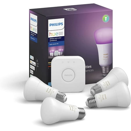 PHILIPS Hue A19 LED Smart Bulb Starter Kit, 4 A19 Bulbs, 1 Hue Hub