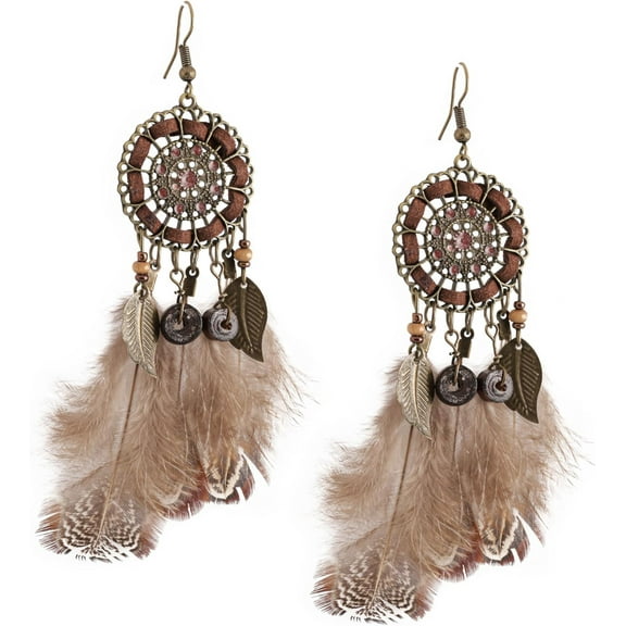 Bohemian Brown Faux-Ostrich-Feathers Statement Drop Earrings, Boho Chic Collection Earrings For Women