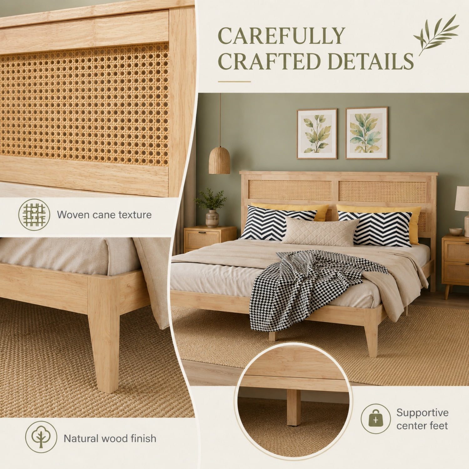 Miniyam King Size Rubber Wood Bed Frame with Rattan-Style Woven Headboard, Natural