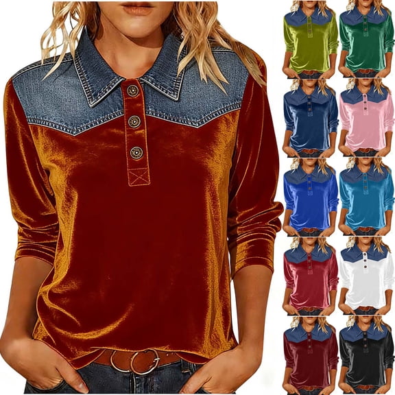 QATAINLAV 3/4 Length Sleeve Womens Tops Dressy Denim Patchwork Velvet Blouses Loose Lapel Collar Polos Shirts Business Casual Outfits Dark Blue L