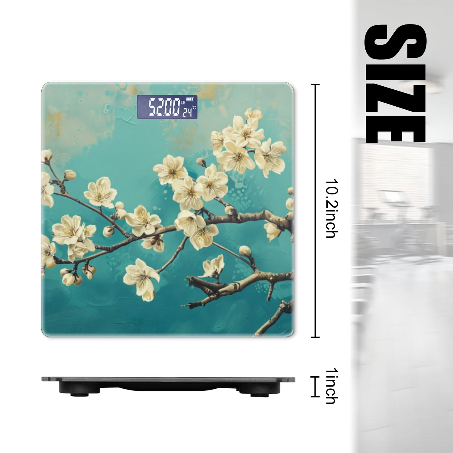 Bathroom Scale, Highly Accurate Digital Body Scale,Precisely Measures Weight up to 400 lbs-White Plum Blossoms On Turquoise Background