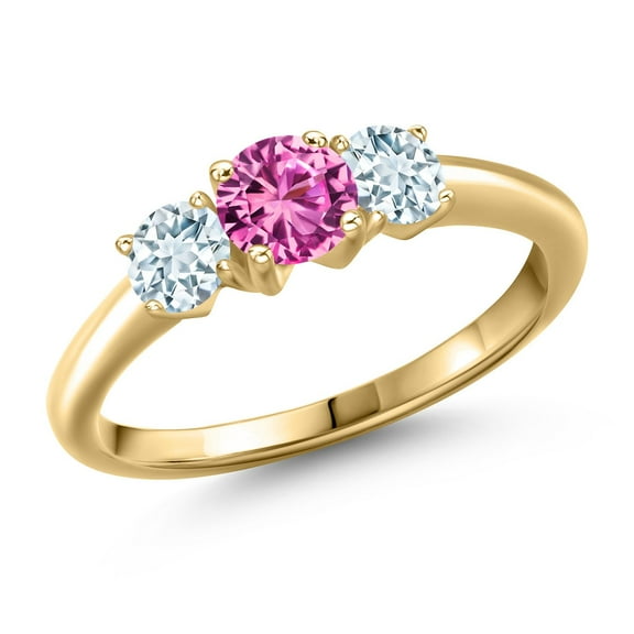 Gem Stone King 10K Yellow Gold Pink Created Sapphire and Sky Blue Aquamarine Engagement Ring for Women | 1.05 Cttw | Round 5MM | Gemstone September Birthstone | Size 5