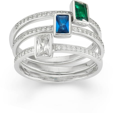 Simulated Emerald, Created Blue Sapphire and White Cubic Zirconia Emerald-Cut 3-Piece Sterling Silver Ring Set
