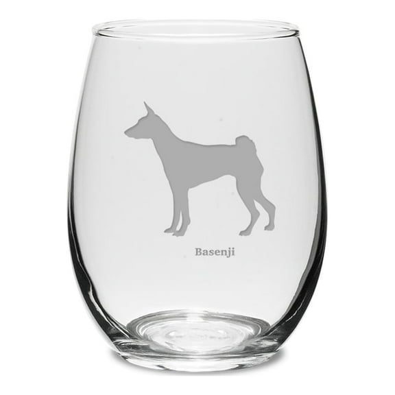 Basenji Deep Etched 15 oz Stemless White Wine Glass