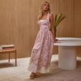 thumbnail image 4 of 2026 Summer New Fashion Women's Pink Floral Tie-Strap Maxi Dress, Square Neck A-Line Linen Blend Dress, 4 of 5