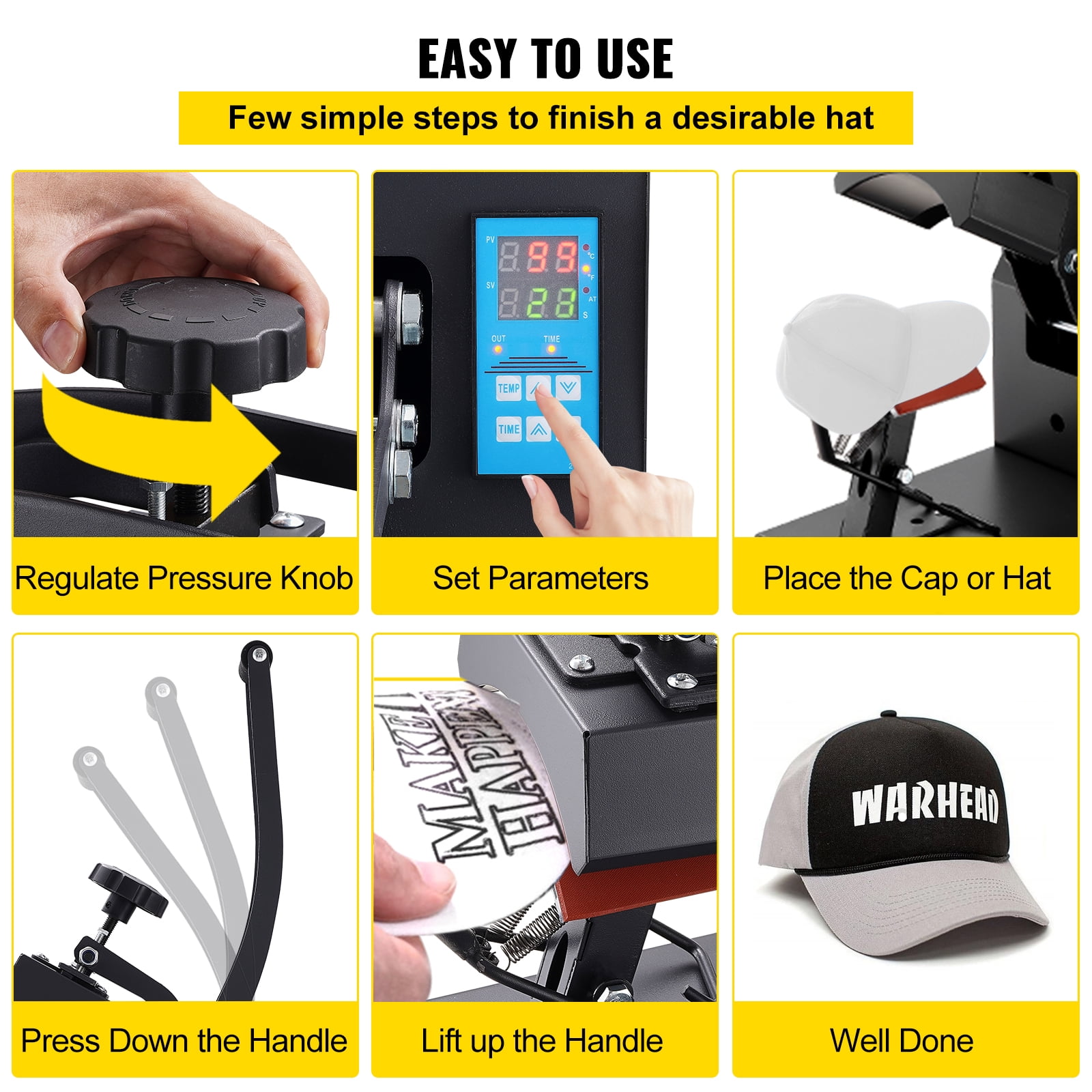 VEVOR Heat Press 6x3.75Inch Curved Element Hat Press Clamshell Design Heat Press for Hats Rigid Steel Frame No Stick Digital LCD Timer and Temperature Control (6x3.75Inch Clamshell Design)