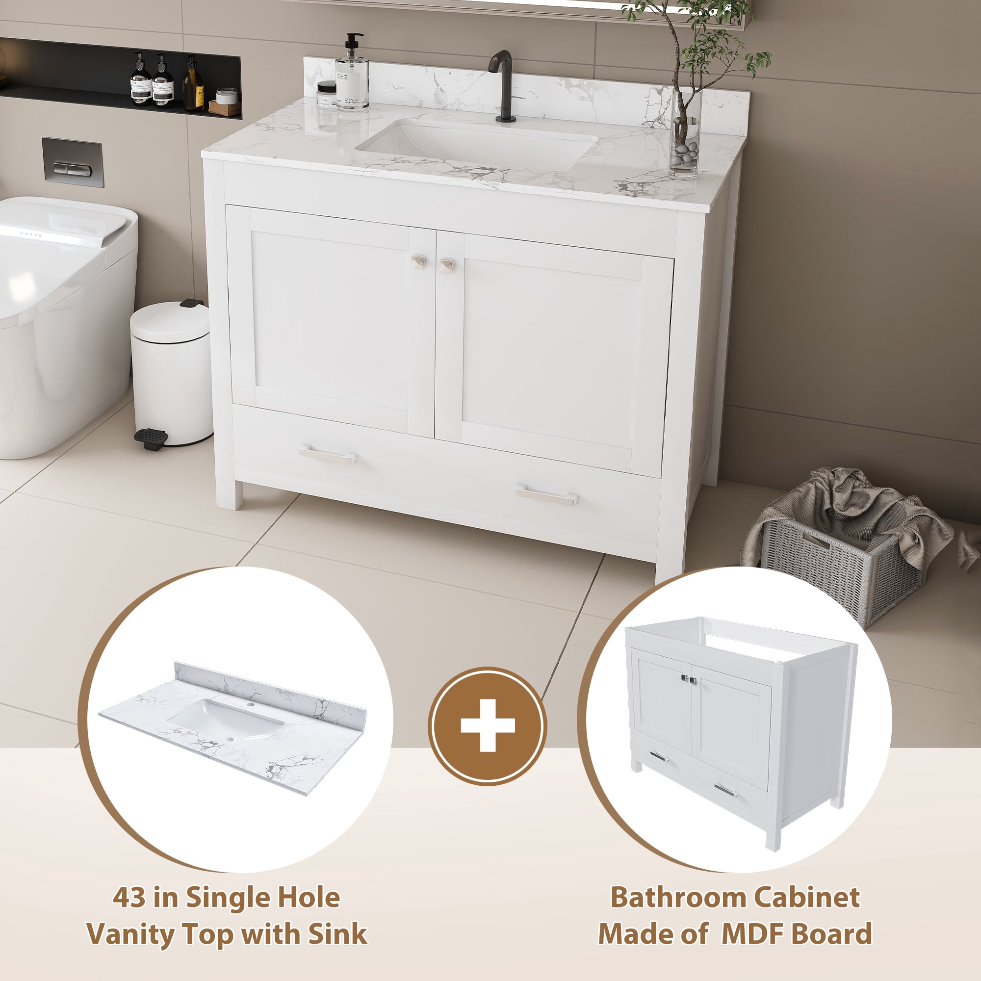 Mintazer 43 Inch Bathroom Vanity Cabinet with Sink, Bathroom Storage Cabinet with Drawer & Single‑Hole Marble‑Pattern Vanity Top for Bathroom, White