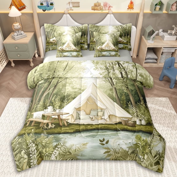 Erosebridal Jungle Camping Tent Twin Bedding Sets 7-Piece for Teens Boys Girls,Kids Rustic Lake Life Bedding Comforter Set,Grey Reversible,Ultra Soft Home Decor