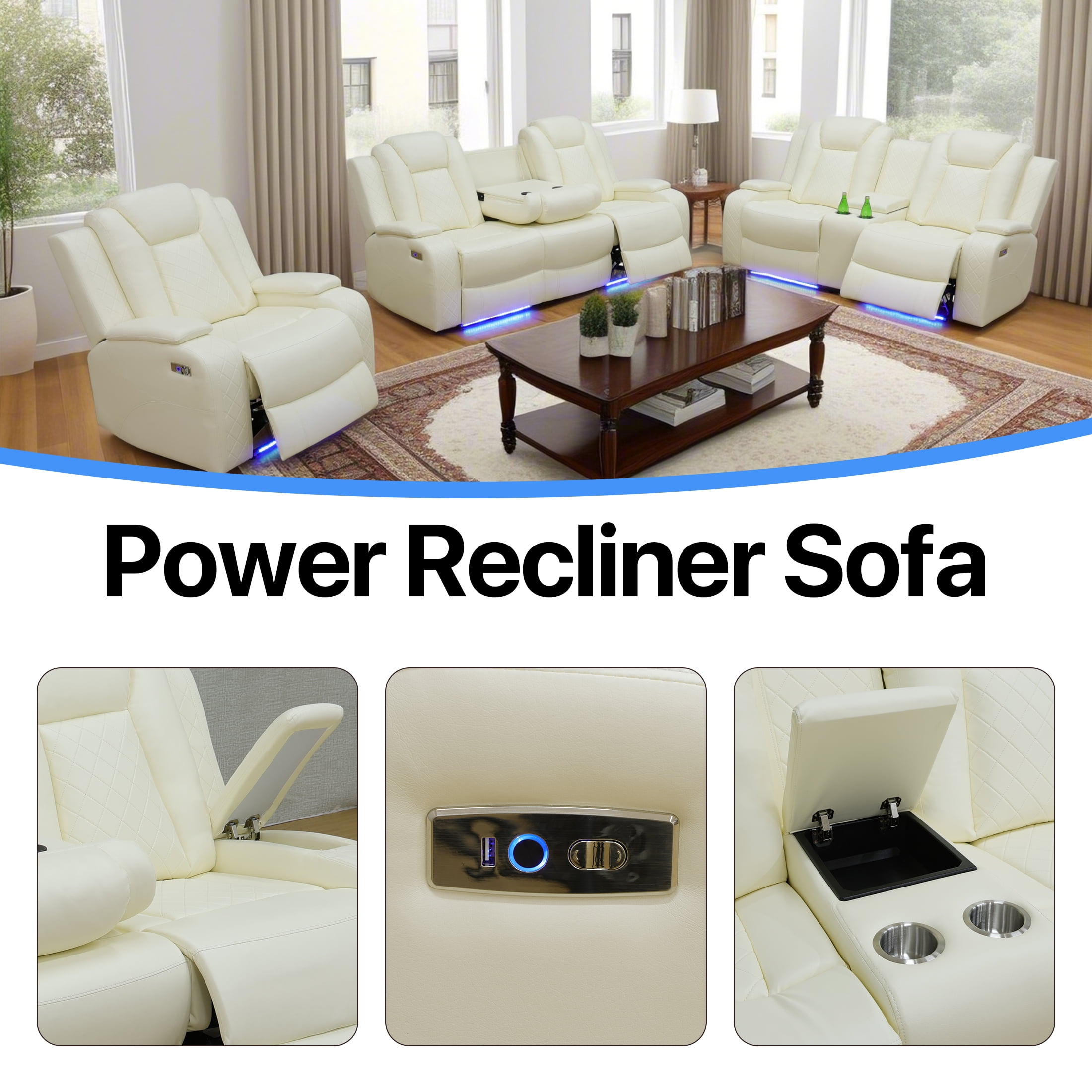 Aukfa Double Power Reclining Sofa, Leather Loveseat with Cupholder, USB and Storage for Living Room,Beige
