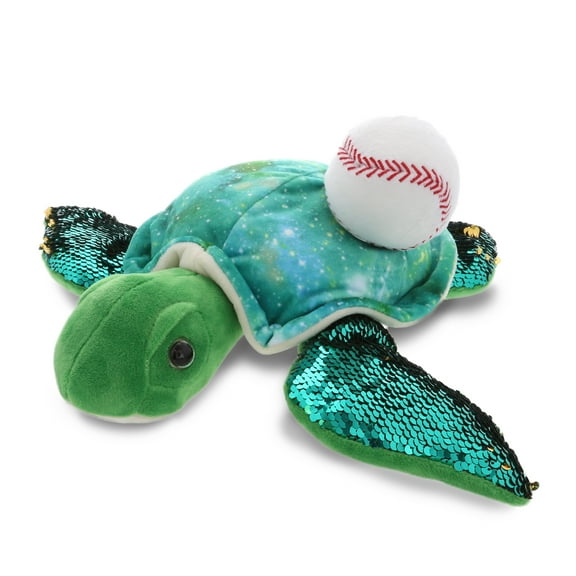 DolliBu Space Sequin Sea Turtle Stuffed Animal with Baseball Plush - Soft Huggable Turtle, Adorable Playtime Plush Toy, Sea Life Gift, Baseball Plush Animal Toy for Kids, Adults - 15.5 Inch