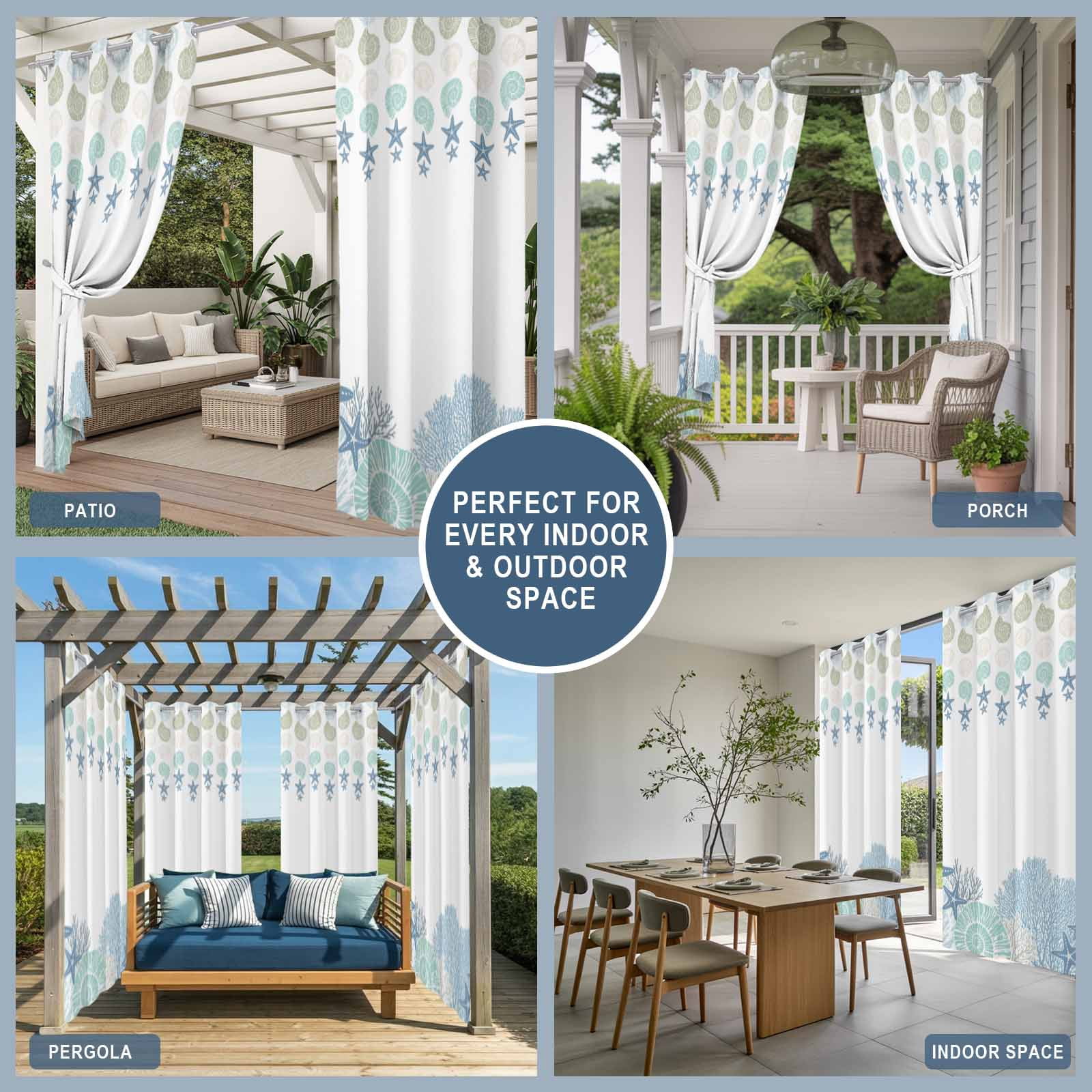 Blue Sea Outdoor Curtains for Patio, Nautical Ocean Watercolor Shells Coral Starfish Sunshade Privacy Drapes Grommet Waterproof Outside Curtains for Porch/Cabana/Balcony 54"x 108", 1 Panel