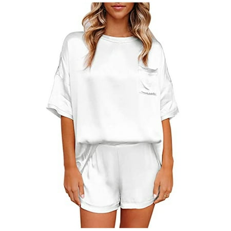 

Womens Summer Pajamas Set Solid Comfy Round Neck Short Sleeve Tops and Drawstring Shorts 2 Pieces Outfits Sleepwear