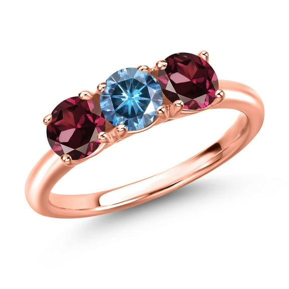 Gem Stone King 18K Rose Gold Plated Silver Persian Blue Moissanite and Red Rhodolite Garnet Engagement Ring for Women | 1.70 Cttw | Round 5MM | Gemstone Birthstone | Size 8