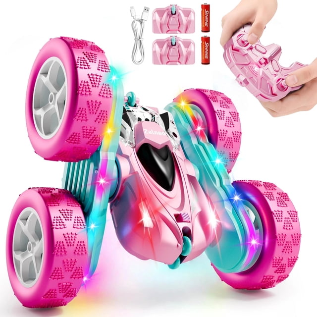 Auto RC Zalneo rosa 4WD con volteretas, luces LED y batería USB-C