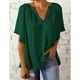 thumbnail image 3 of Blusa holgada con cuello en V y manga corta acampanada, color puro, plisada, para mujer, verano, verde, S, 3 of 6
