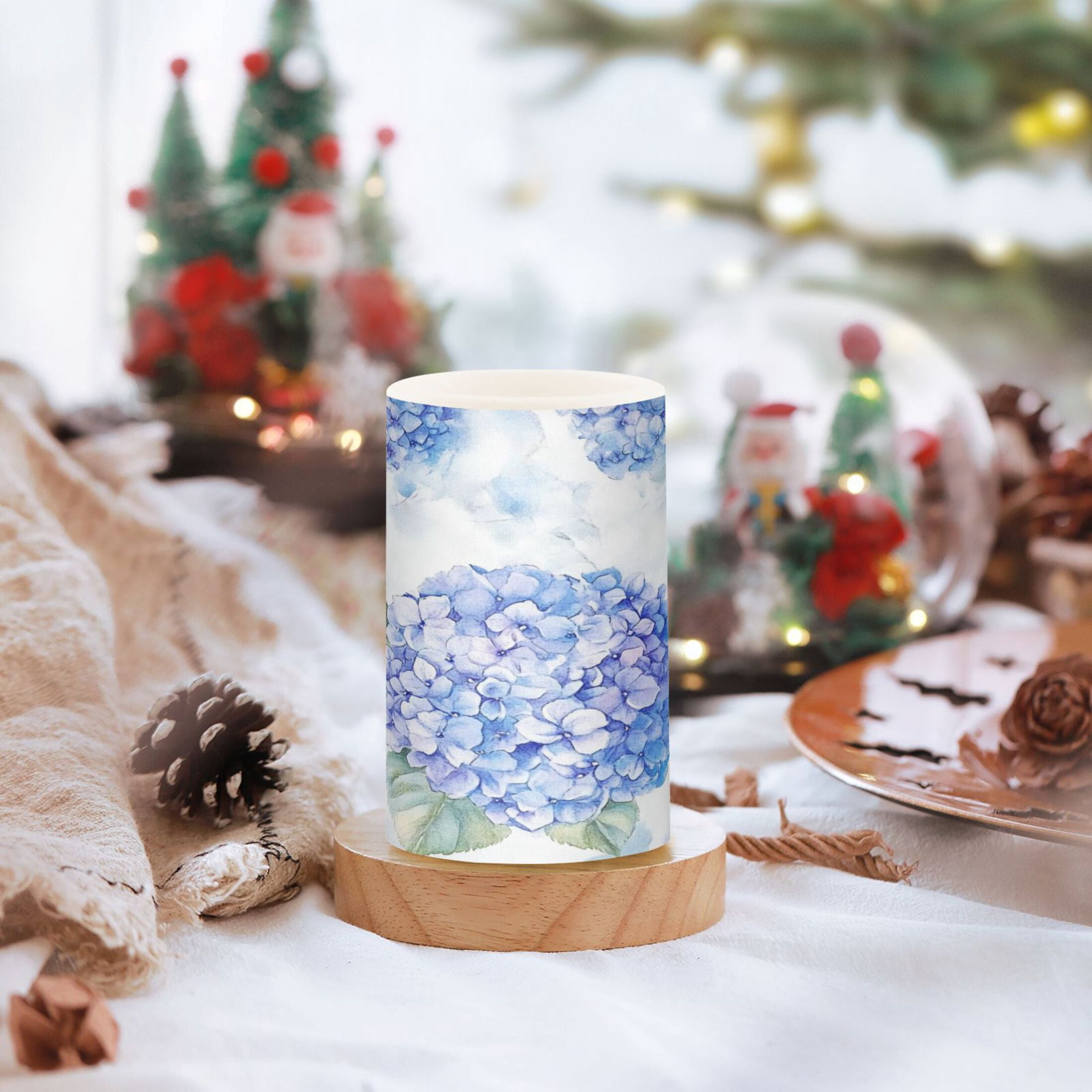 2 PCS Flameless Candles with Remote Timer LED Battery Operated Flickering Candle Light for Wedding Table Home Decoration Gifts Blue Hydrangea Pattern