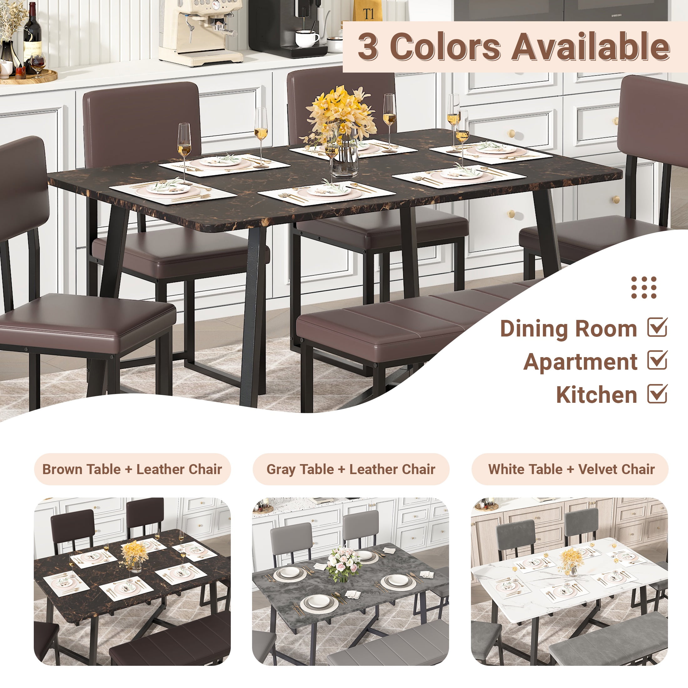 PORKISS Dining Room Set for 6, Modern Dining Table Set for 6 with Faux Marble Table, 4 Leather Chairs and 1 Cushion Bench, Metal Frame, Black + Brown