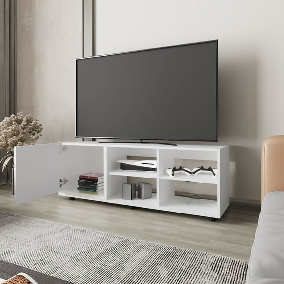 Nmkwnr TV Stand for TVs up to 52", Media Entertainment Center with Open Shelves and 1 Door, Tv Cabinet for Living Room, Bedroom, White