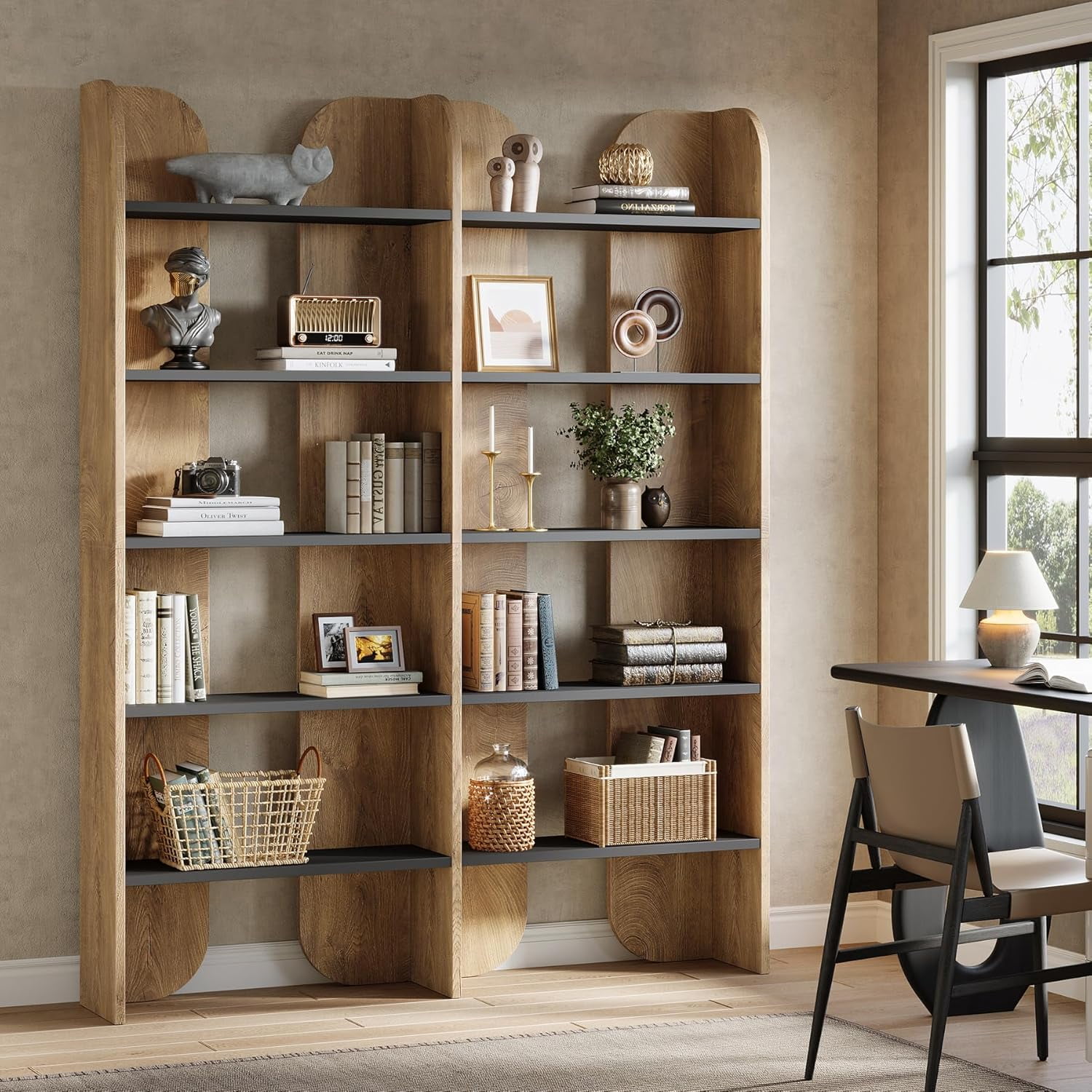 Tribesigns 5-Tier Farmhouse Bookshelf, 70.87-Inch Tall Double Wide Bookcase with Open Shelves