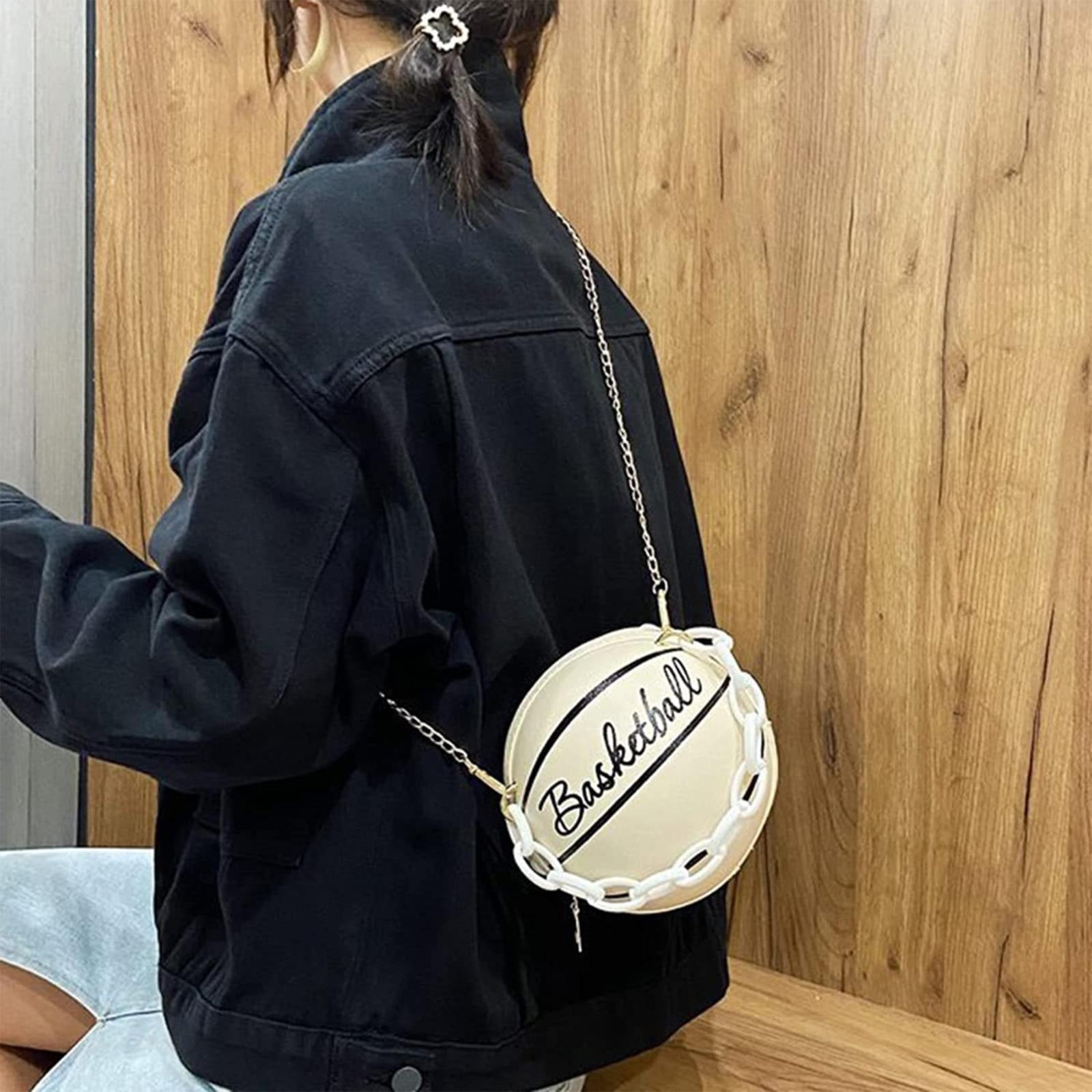 Faraee Basketball Shaped Cross Body Bag Leather Round Handbag Messenger Shoulder Purse with Chain Strap