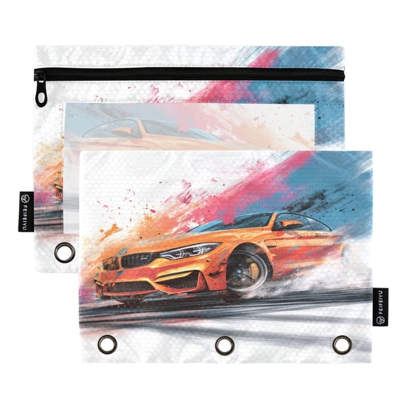 2 Pack 3 Ring Binder Pouch with Clear PVC Window Water Resistant Zipper Pencil Pouch Orange Cool Car Binder Pocket for Classroom Office Home Stationery Organization
