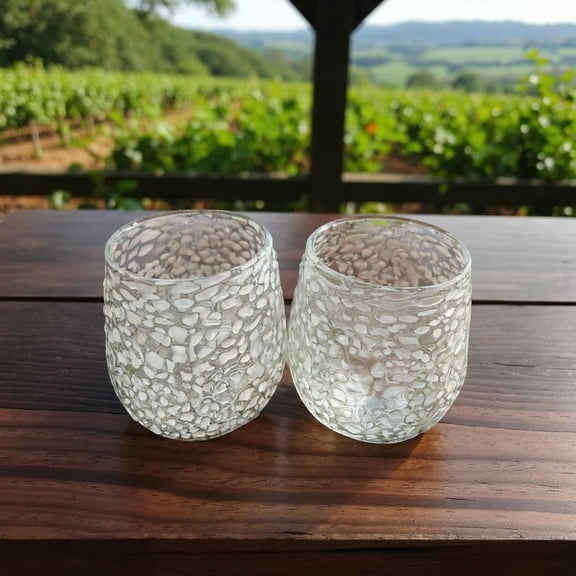 White Pebbled Wine Glass | Hand-Blown Mexican Stemless Glassware (1Piece)