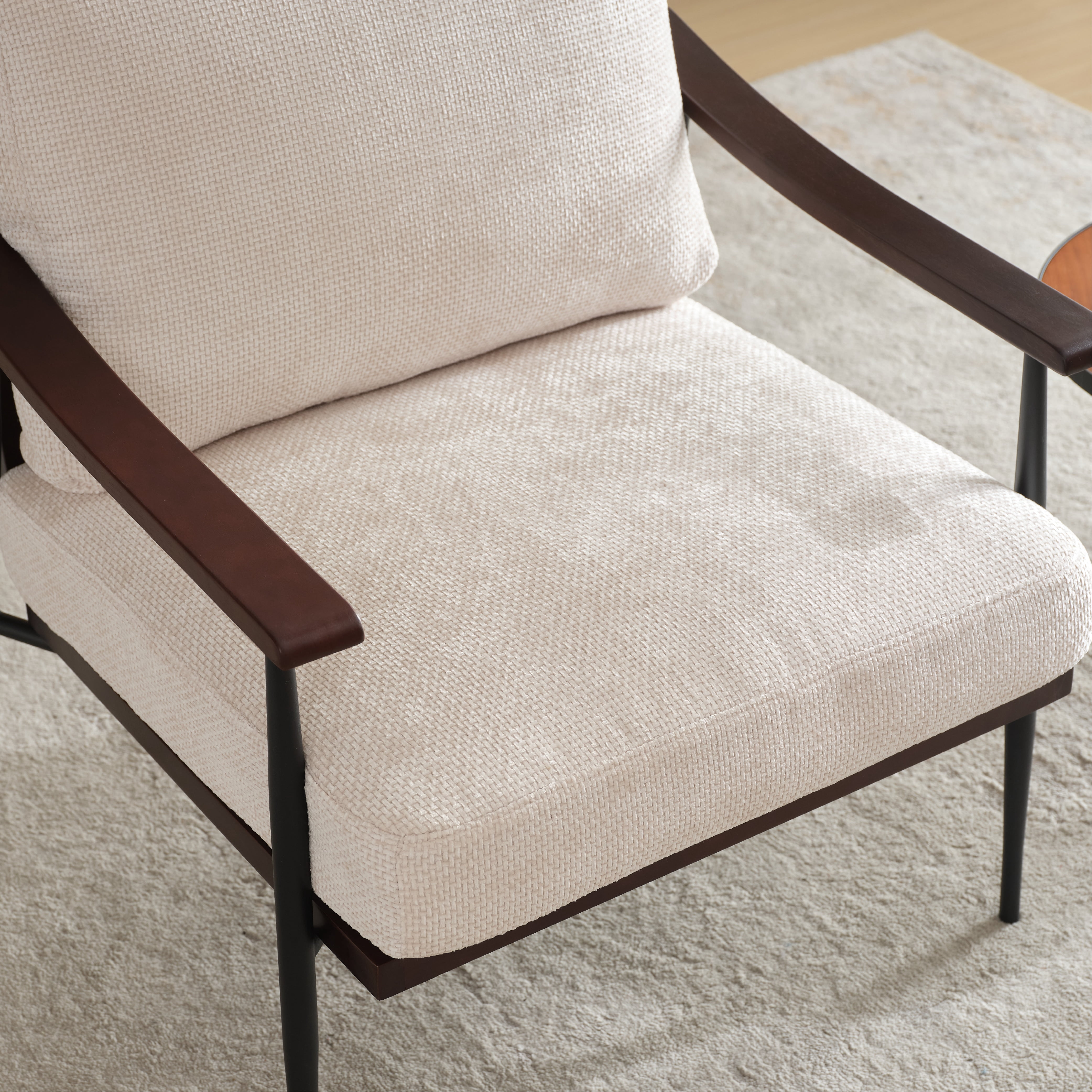 MAYEERTY Modern Accent Chair, Linen Fabric Arm Chair with Wood Armrests, White