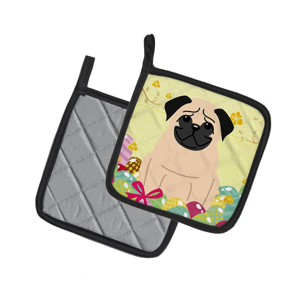 Caroline's Treasures Easter Eggs Pug Fawn Pair of Pot Holders