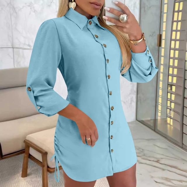 Gspmoly Robes pour Femmes, Robe Chemise à Manches Longues Unie avec Col Boutonné et Cordon de Serrage des Deux Côtés, Robe Cocktail, Offres de Vacances