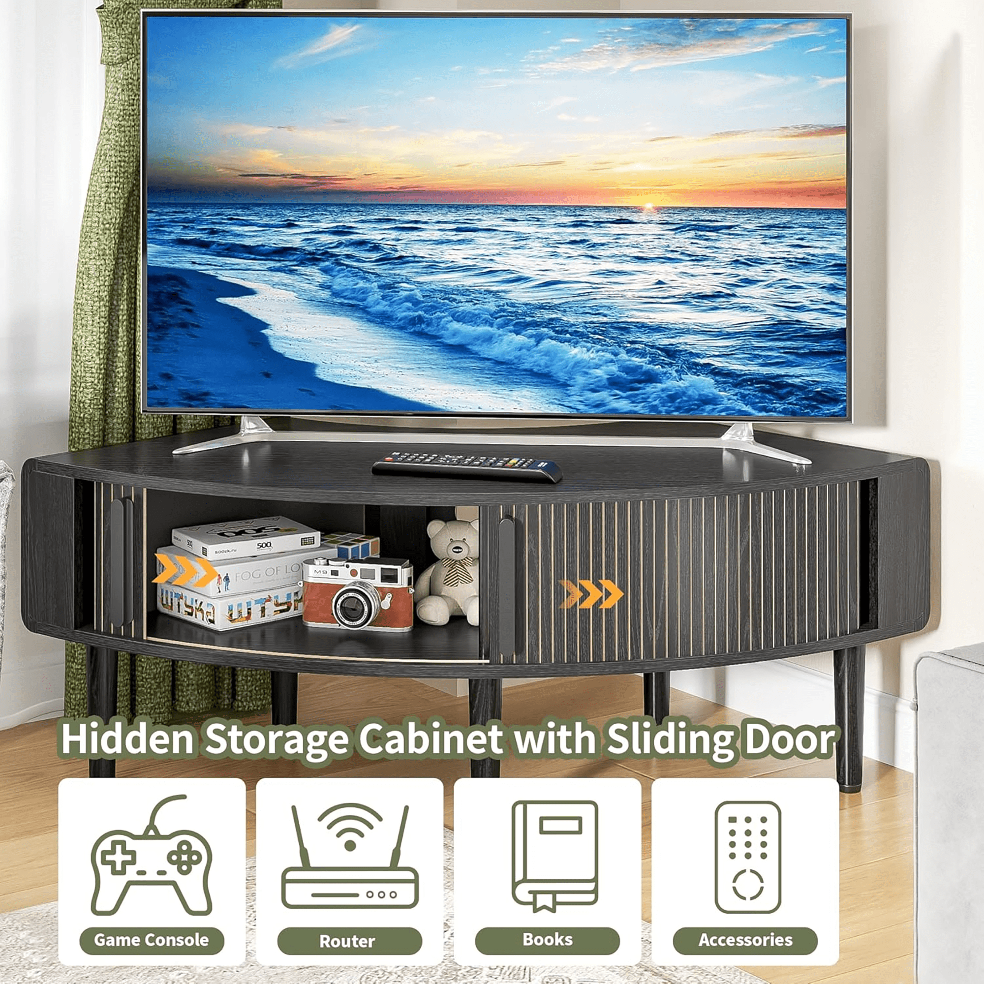Corner TV Stand for 40 inch TV, Curved Corner Entertainment Center with Storage, Mid-Century Modern Media Console with Sliding Doors,for Living Room, Bedroom, Apartment, Black
