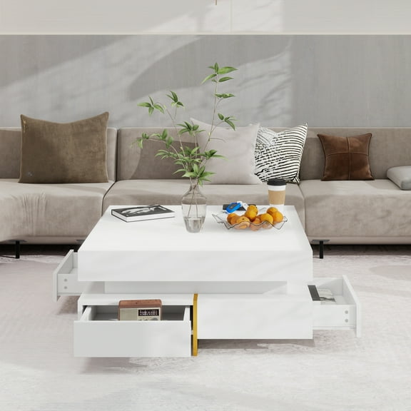 Modern High Gloss Coffee Table with 4 Drawers, Multi-Storage Square Cocktail Tea Table with Wood Grain Legs, Center Table for Living Room, 31.5''x31.5'', White