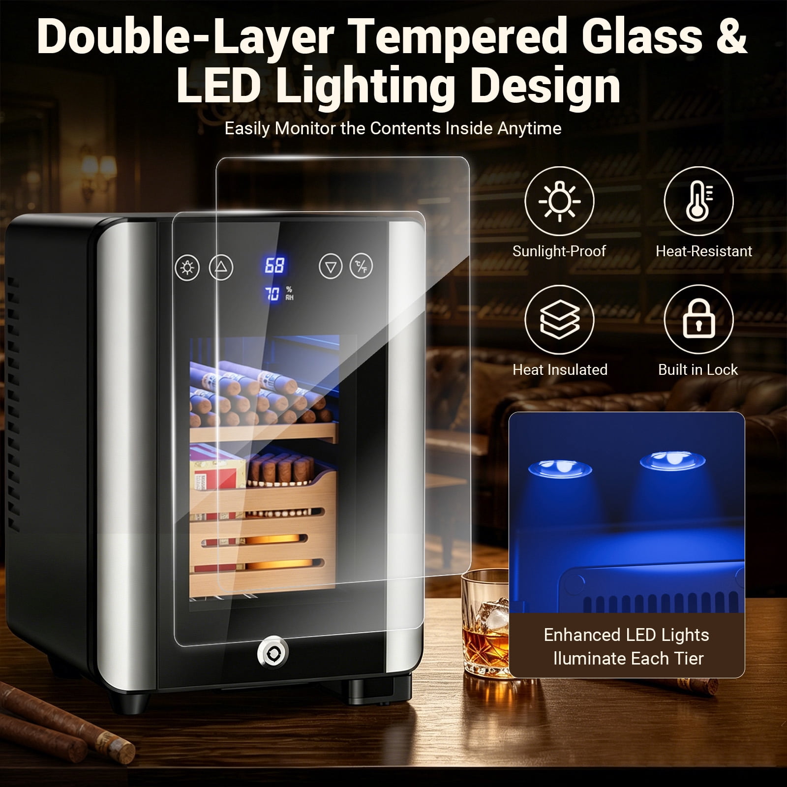 Joreek 8L Table Top Electric Humidor with Lock, 80 Counts Cigar Humidor Cabinet with Cooling Temperature Control, Electric Cigar Fridge with Spanish Cedar Wood Shelves & Hygrometer