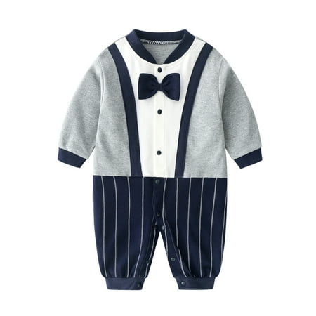 

VERUGU Baby Romper British College Style Fashion Jumpsuit Fall Winter Gentleman Long Sleeve Round Neck Outdoor Onesie with Bowknot Gray 12M