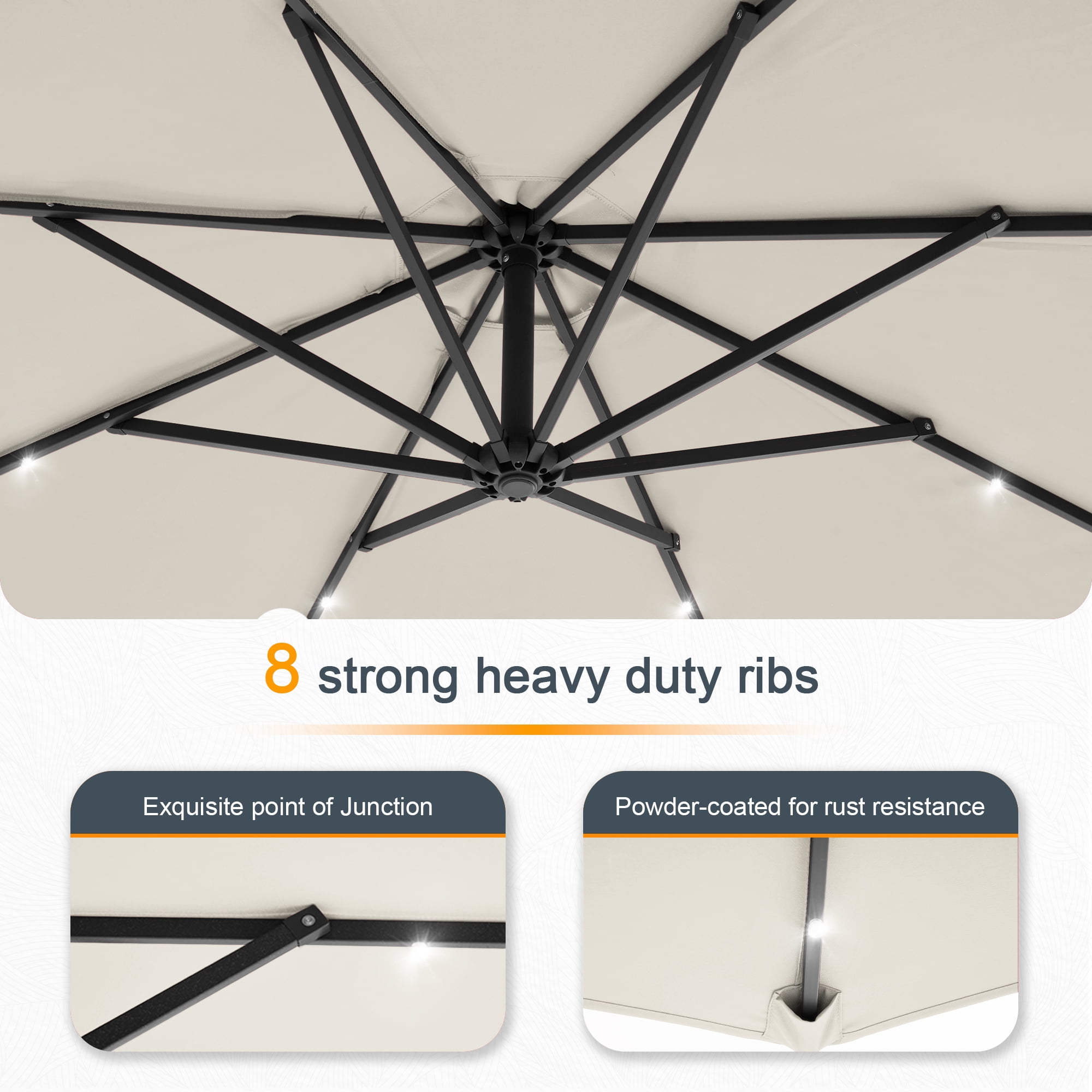 ACEGOSES 10ft 32 LED Outdoor Patio offset Umbrella, Solar Lighted Hanging Umbrella with 8 Ribs for Desk,Garden,Yard, Beige