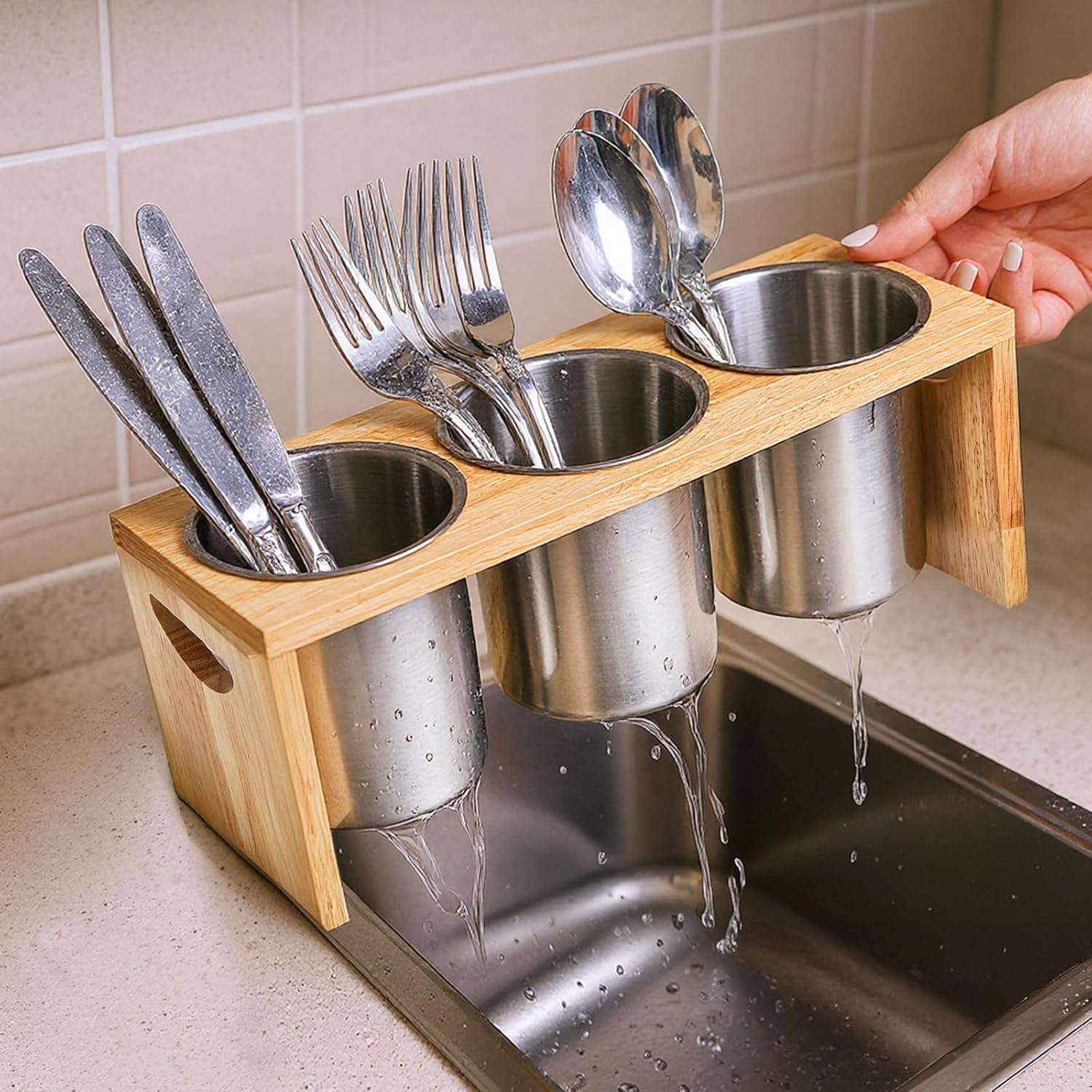 3 Pack Silverware Holder, Stainless Steel Utensil Organizer with Wood Base, Flatware Caddy for Spoons, Knives and Forks, Great for Kitchen Table, Cabinet, Pantry