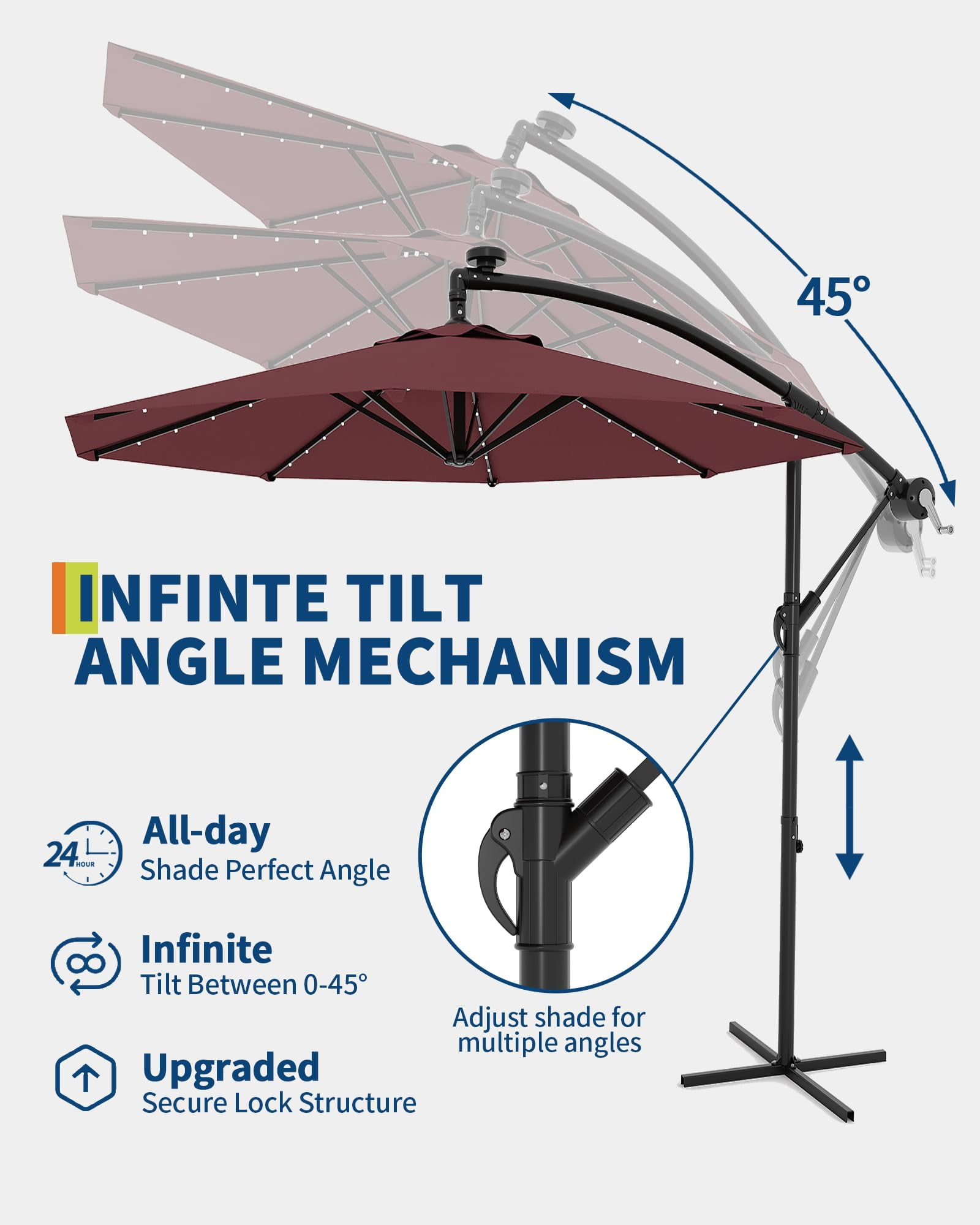 10ft Solar LED Offset Hanging Market Patio Umbrella for Backyard, Poolside, Lawn and Garden w/Easy Tilt Adjustment, UV Protection, Sturdy 8 Ribs - with 32 LED Lights