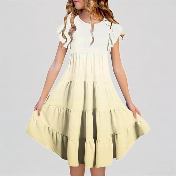 REDARER Girls Blue Gradient Tiered Dress with Flutter Sleeves Casual Summer Comfort Dress,14-15 Years