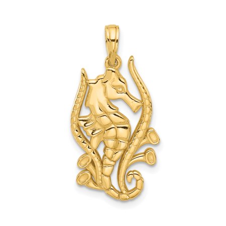 14k Yellow Gold Seahorse Pendant for Women or Unisex with Detailed Tentacle Accents, Nautical Ocean Symbolic Jewelry, Marine Animal Design for Beach and Sea Life Lovers