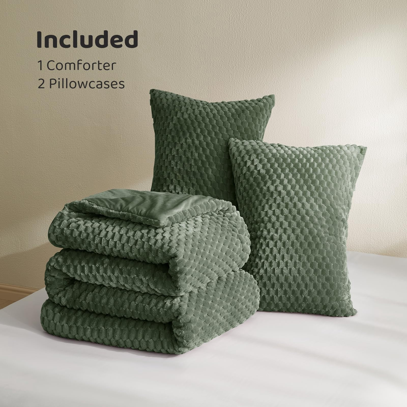 Petrichor Cozy Flannel Comforter Set, Warm and Soft Twin Size Quilt for Winter, 3 Piece Bedding Set with 2 Pillowcases, Green
