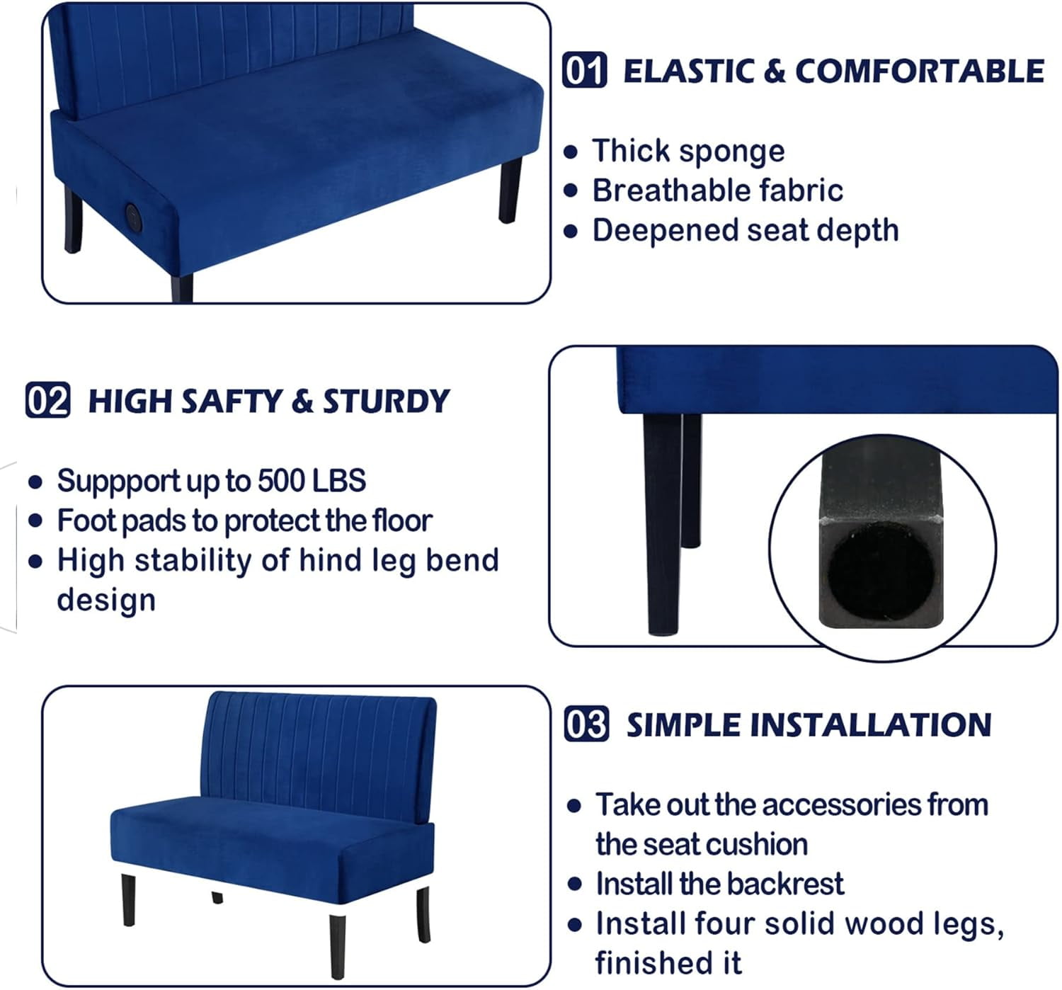 LAZZO 43" Mini Small Comfy Couch Armless Loveseat Sofa with USB Port, Blue