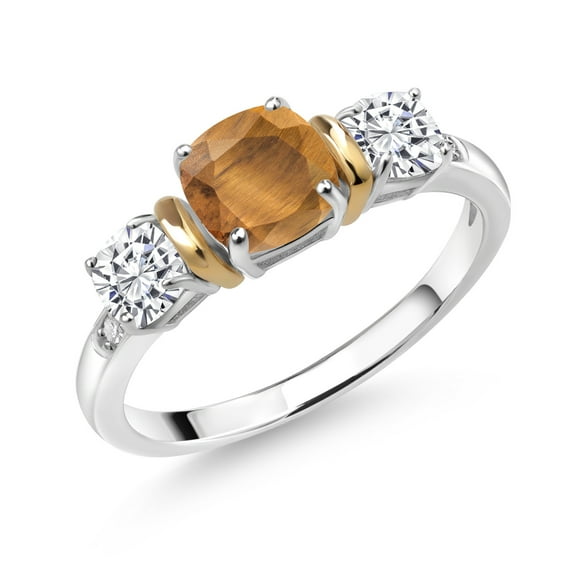 Gem Stone King 925 Silver and 10K Yellow Gold 3-Stone Diamond Ring Cushion Brown Tiger Eye and Moissanite (1.66 Cttw, Size 6)
