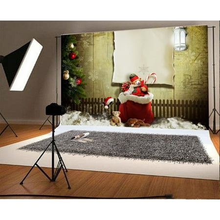 Image of Polyester Christmas Decoration Backdrop 7x5ft Photography Background Bear Toys Xmas Balls Pine Twigs Candy Canes Wooden Fence Festival Celebration Ch
