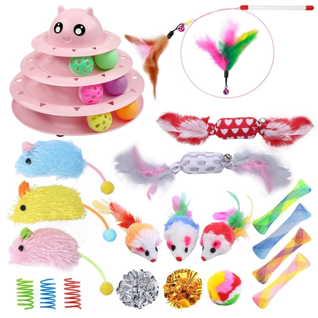 Juego de juguetes para gatitos Pet Toy UPSKY con plataforma giratoria de 3 niveles, 24 piezas