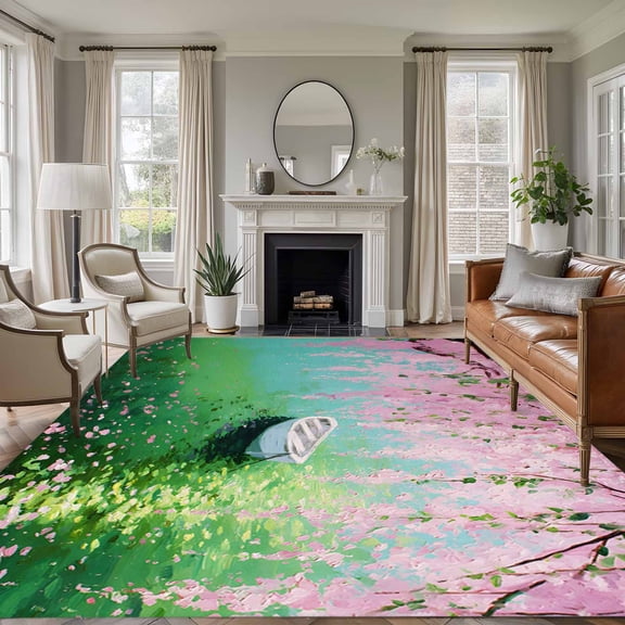 Pink Flowers Area Rug 5x8 Washable Rug Non Slip Green Lake Spring Plants Small Boat Large Area Rug Soft Stainresistant Indoor Floor Carpet for Living Room Bedroom Home Office Dining Room Nursery