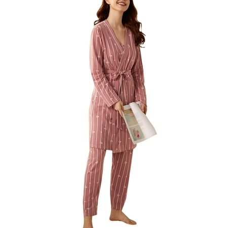 

Niuer Ladies Sleepwear Crew Neck Tank Nightwear Three Pieces Pajamas Sets Lace Up Lounge Set Striped Pink S
