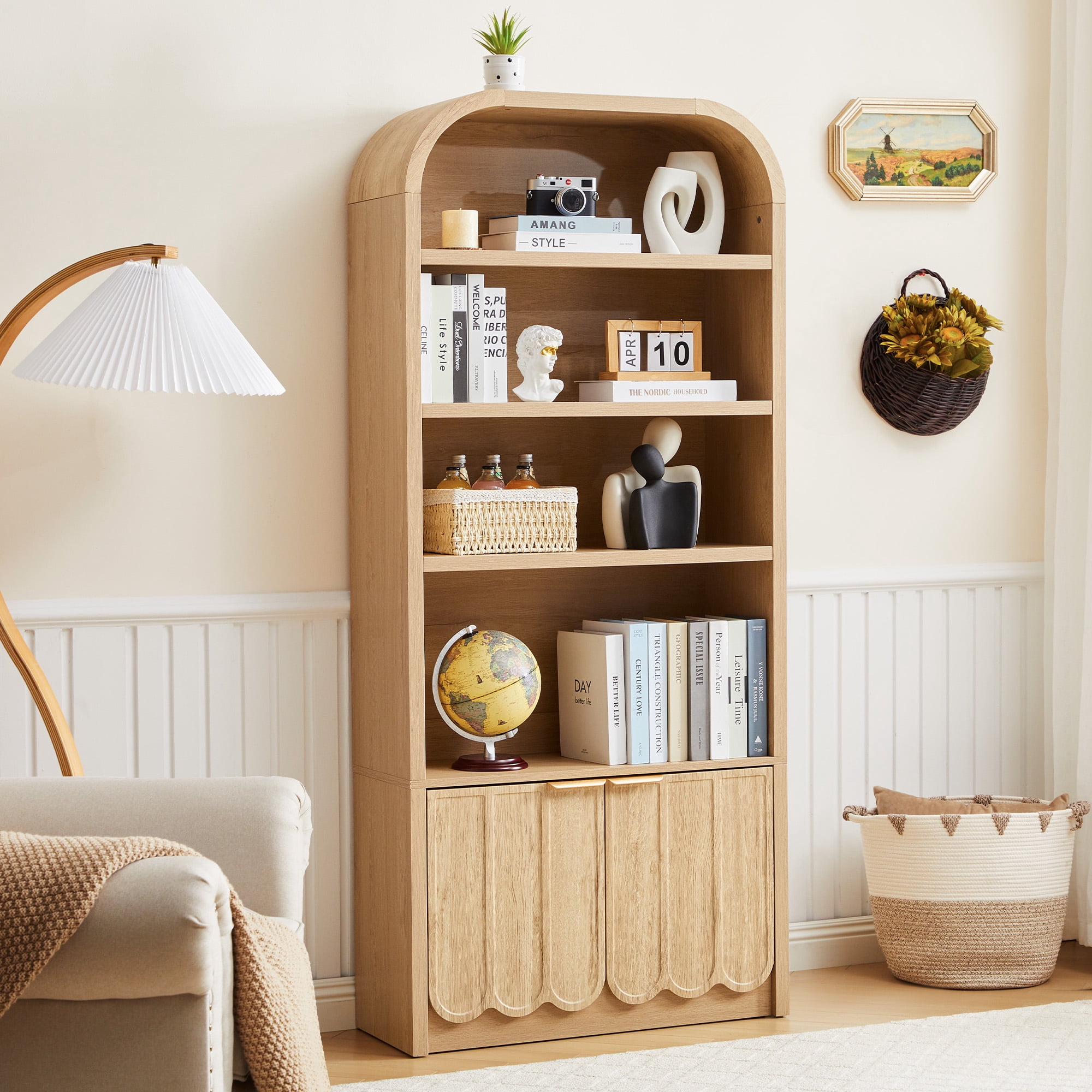YOCWO 70" Tall Arched Bookcases with 2 Doors & 4 Shelves, Wooden Bookshelf with Wave Panel and Curved Top for Living Room Office, Natural