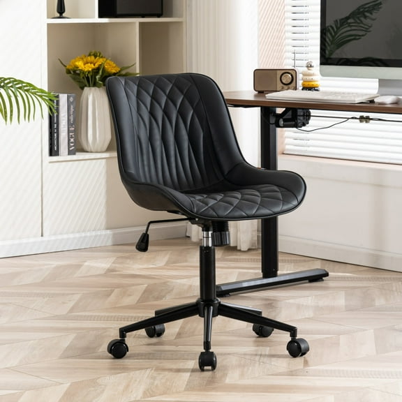 YOUNIKE Upholstered Desk Chair, Armless Computer Chair with Wheels,Modern Faux Leather Office Chair,Adjustable Swivel Rolling Chair,Adjustable Height,Suitable for Office, Home, Black