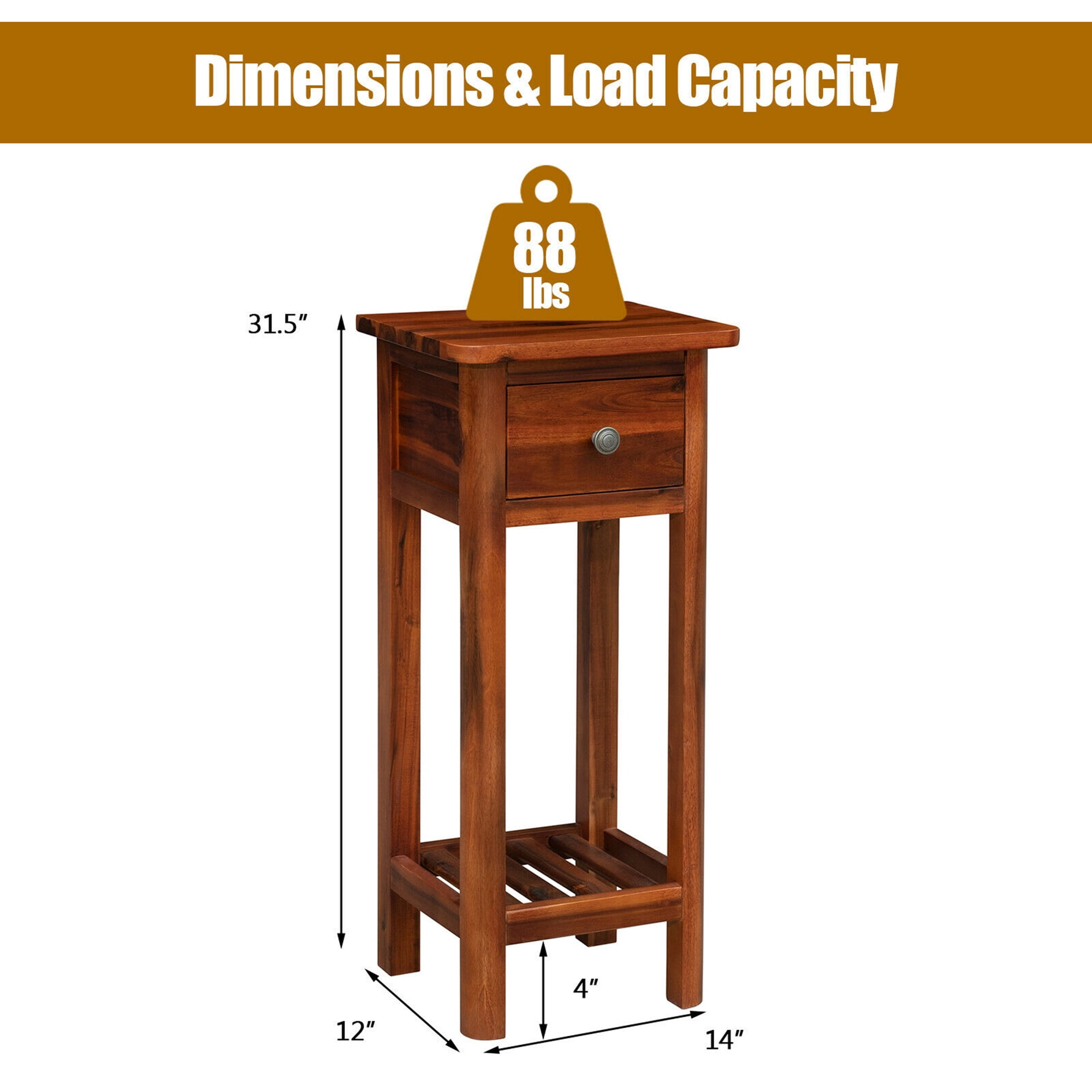 Gymax Acacia Wood Side Table with Drawer, Brown