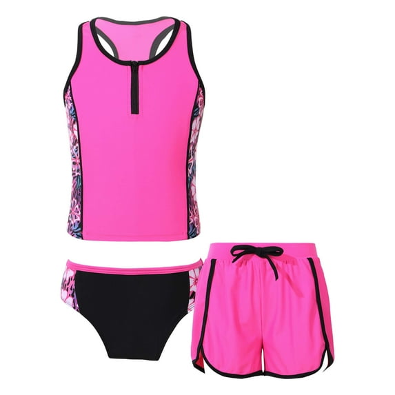 iiniim Kids Girls Floral Splice 3 Pcs Athletic Swimsuit Top+Brief+Bottoms Surfing Rash Guard Set 4-16 Rose Red Floral 12