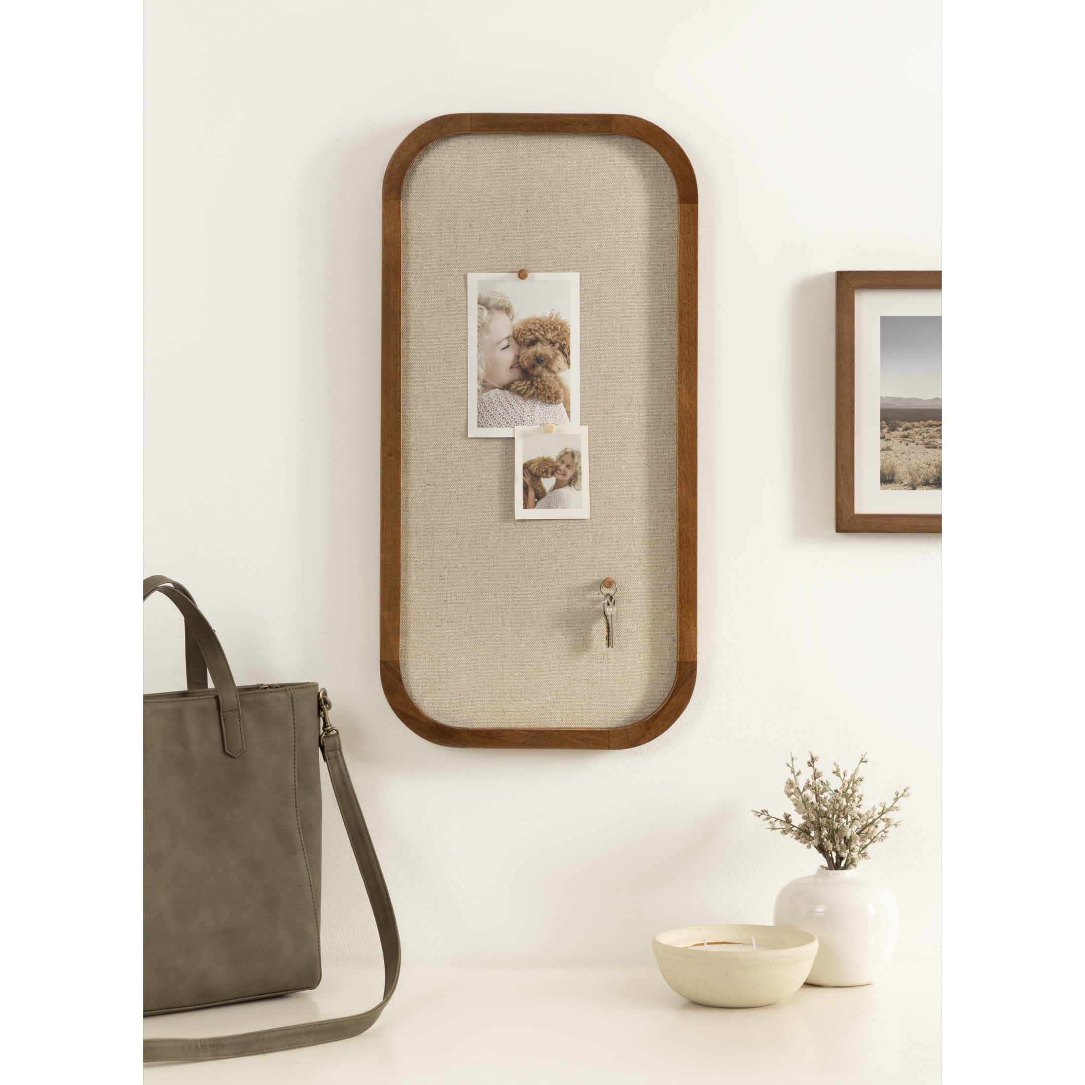 Kate and Laurel Hutton Transitional Wall Pinboard, 12 x 24, Natural Rustic, Modern Rounded Rectangle Wall Organizer for Use as Cork Board, Vision Board, or Bulletin Board